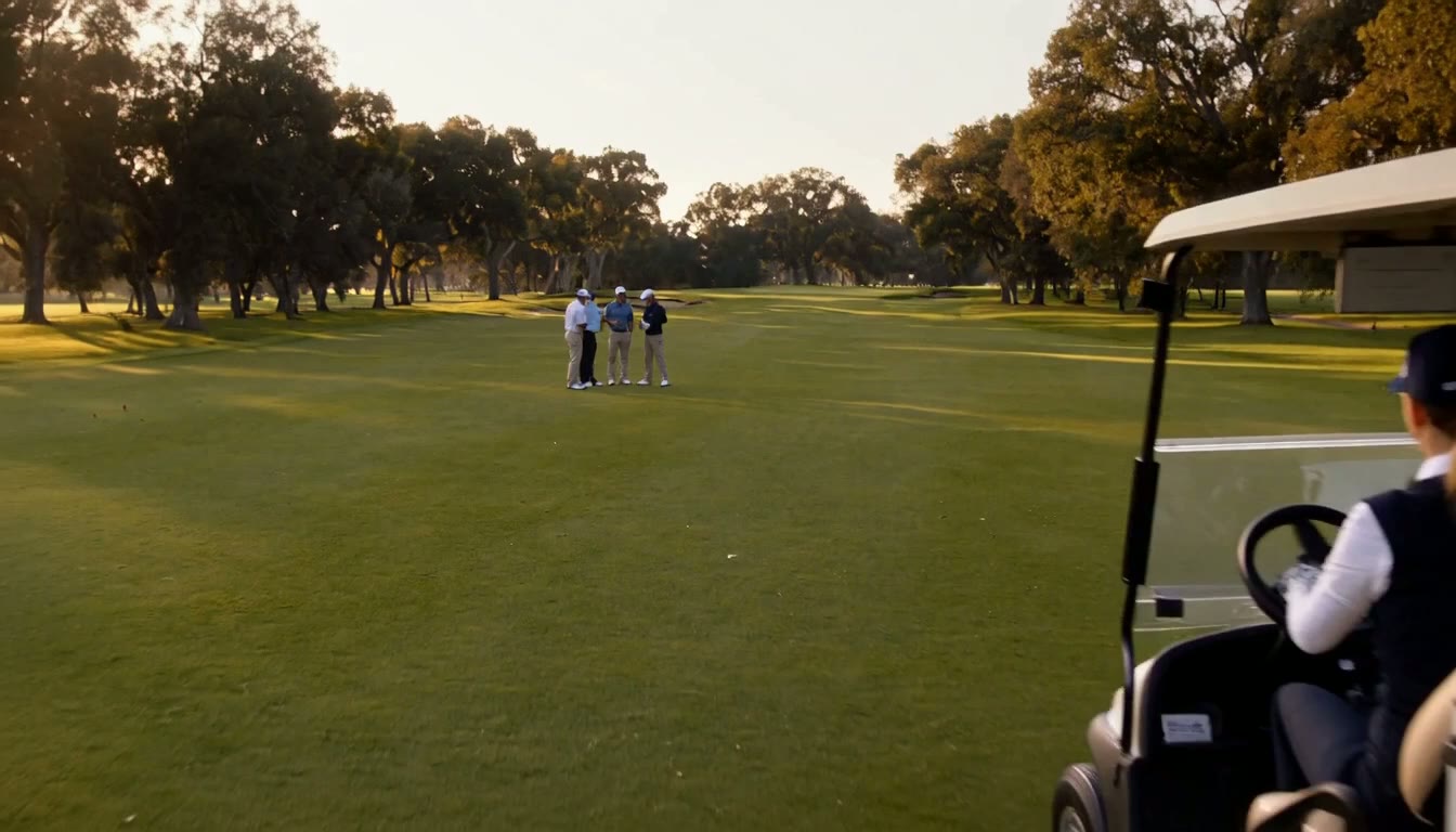 A woman serving beverages from a stocked golf cart to a cheerful group of golfers